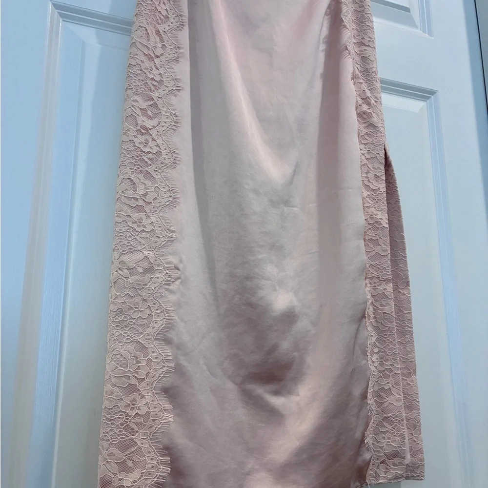 Elegant Blush Pink Lace Trim‎ Split Midi Silky Pencil Skirt
